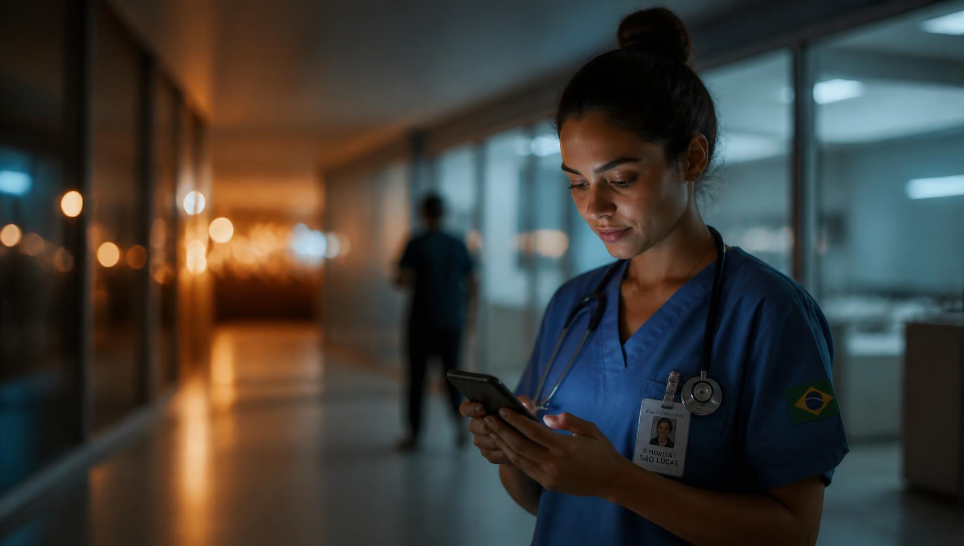 Profissional da saúde consultando a escala de plantão pelo celular em um corredor hospitalar